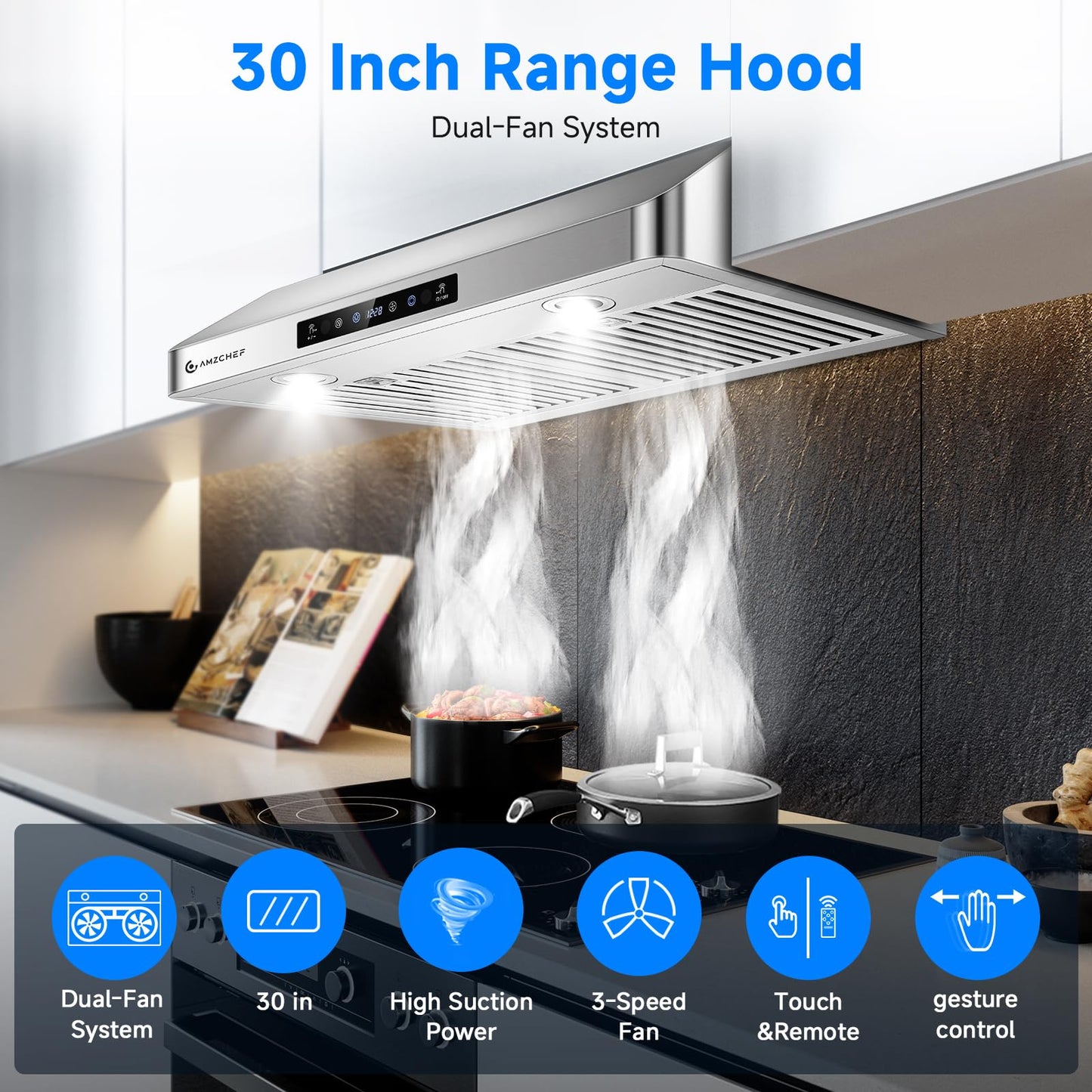 AMZCHEF 30" Under Cabinet Range Hood with Dual Fans System-1050CFM Ultra-Powerful Ventilation,3 Speed Stainless Steel Kitchen Hood with Touch/Remote/Gesture Control, Timer & LED Lights, Baffle Filters