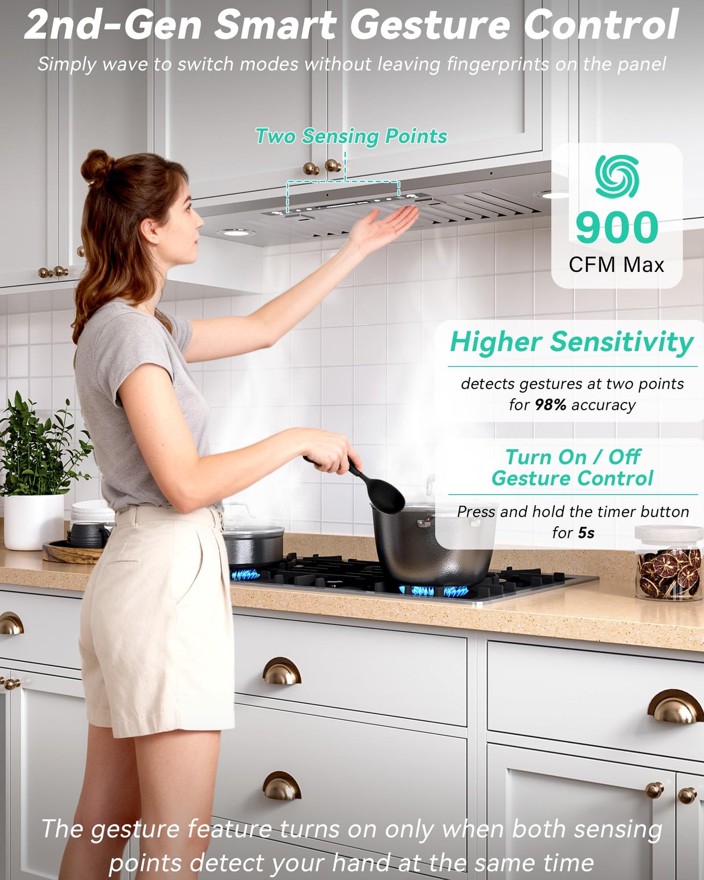 FlyPine 30 inch Stainless Steel Insert Range Hood - 900 CFM, Gesture Control, Ultra-Quiet 4-Speed Vent, LED Lights, Ducted/Ductless Convertible