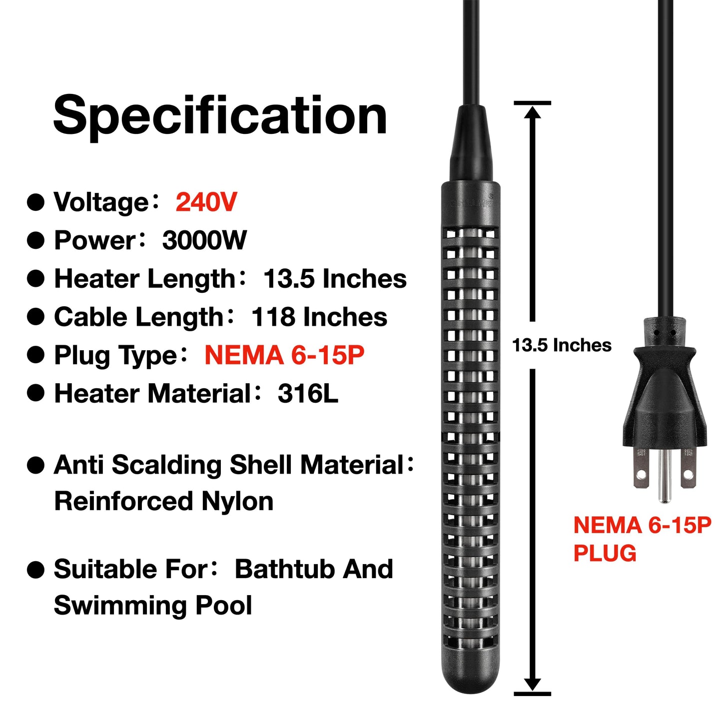 GRILLME 240V 3000W Immersion Bathtub and Swimming Pool Water Heater,Fully Submersible Portable Electric Heater,30 Galons Bathtub Heater,200 Galons Swimming Pool Heater,NEMA 6-15P Plug,100% Waterproof