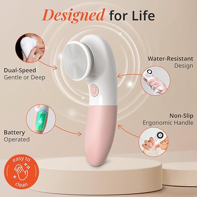 Vanity Planet Raedia Facial Cleansing Brush - Electric Facial Cleansing Brush with 4 Exfoliating Brush Heads - Waterproof, Handheld, Lightweight for Face Scrubber and Exfoliating Face - Dusty Pink