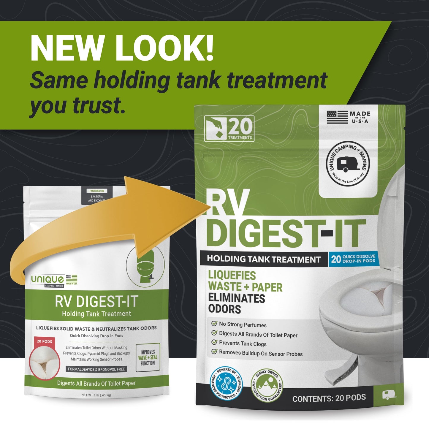 Unique RV Digest-It RV Toilet Treatment, Drop-In Pod - Convenient, Dissolvable, Mess-Free - Eliminates Odors and Liquifies Waste (60 Pods)