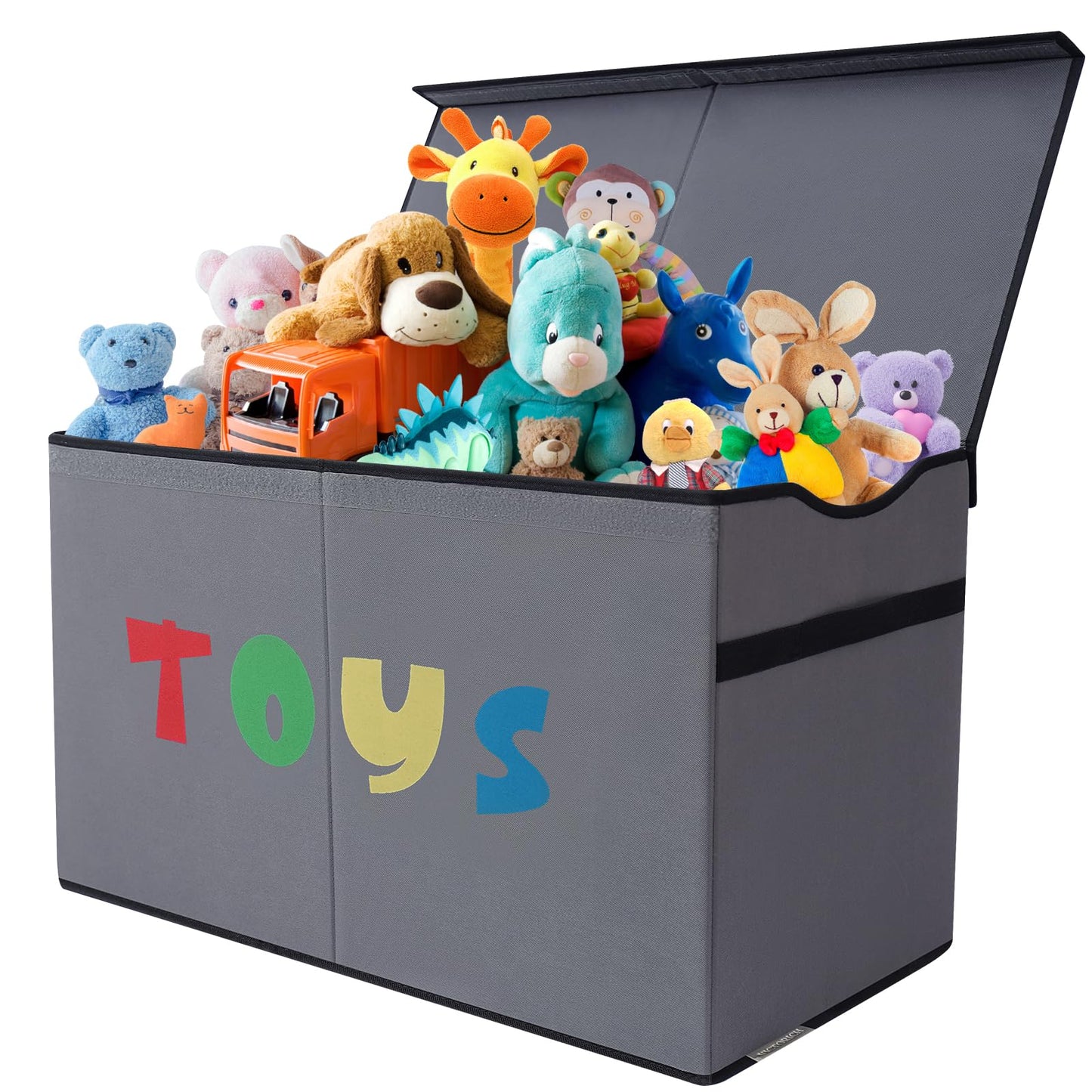 YOLOXO Toy Box Chest, Collapsible Sturdy Storage Bins with Lids, Extra Large Kids Toy Storage Organizer Boxes Bins Baskets for Kids, Boys, Girls, Nursery Room, Playroom, Closet (A-TBX-GRAY-MULTI)