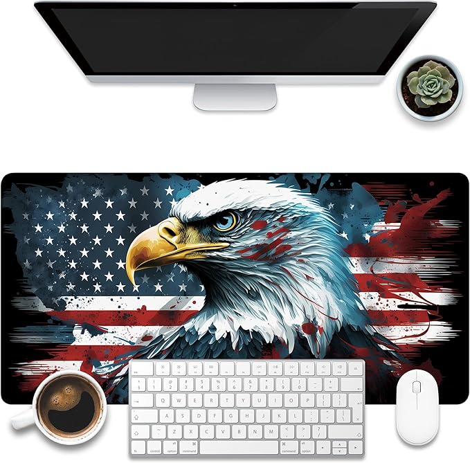 Desk Mat, Bald Eagle American Flag Desk Pad, USA Flag Large Gaming Mouse Pad for Desk, 31.5"x15.7" Extended Big Computer Keyboard Mouse Pad with Non-Slip Base and Stitched Edge