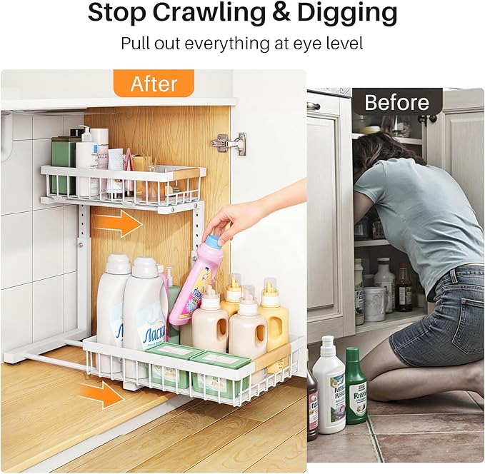 PXRACK Under Sink Organizer, Adjustable Height, 2 Tier Pull Out Under Cabinet Organizer, Slide Out Thickened Metal Under Sink Storage for Kitchen Bathroom Laundry Pantry Cabinet, White, Large-2-Pack