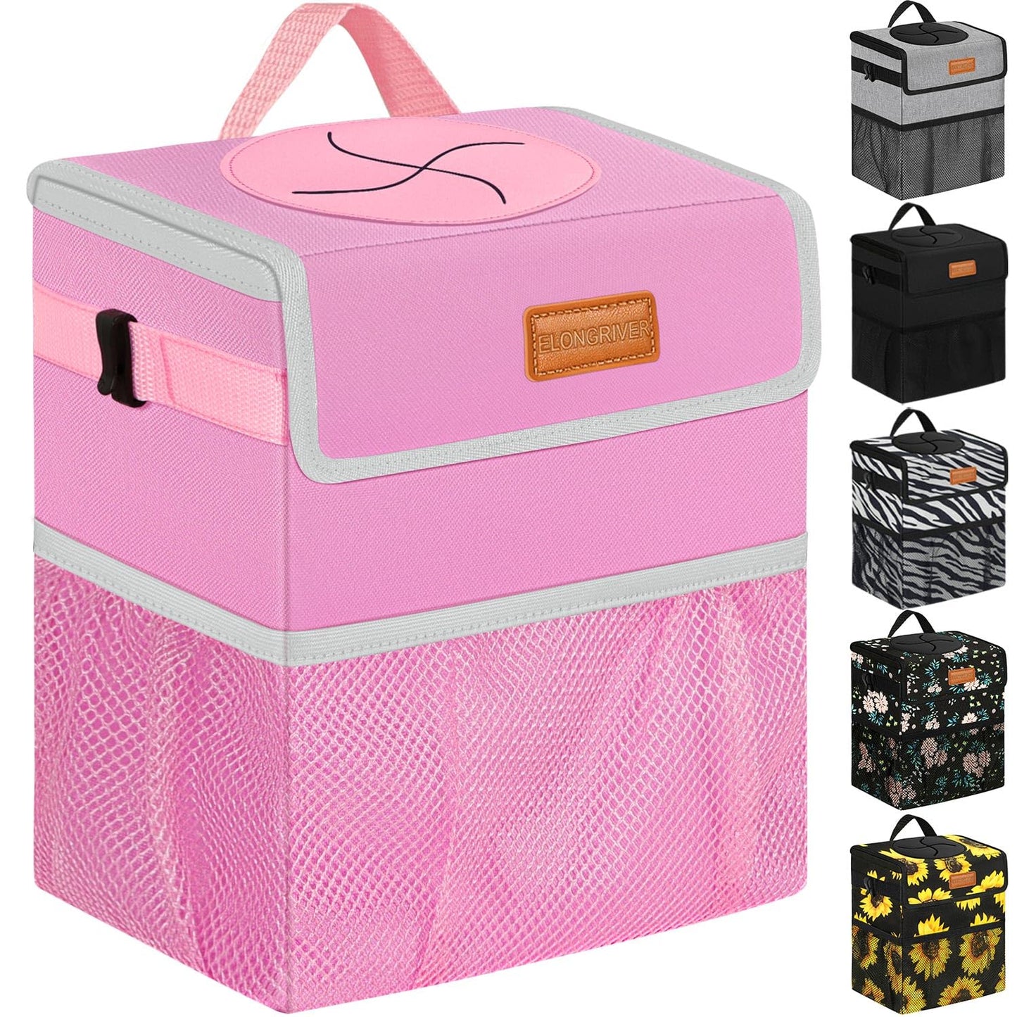 ELONGRIVER Car Trash Can Bin for Back Seat Leak Proof, Cute Car Trash Bag Hanging, Vehicle Trash Can for SUV Truck Van, Automotive Garbage Cans Front Seat Pink