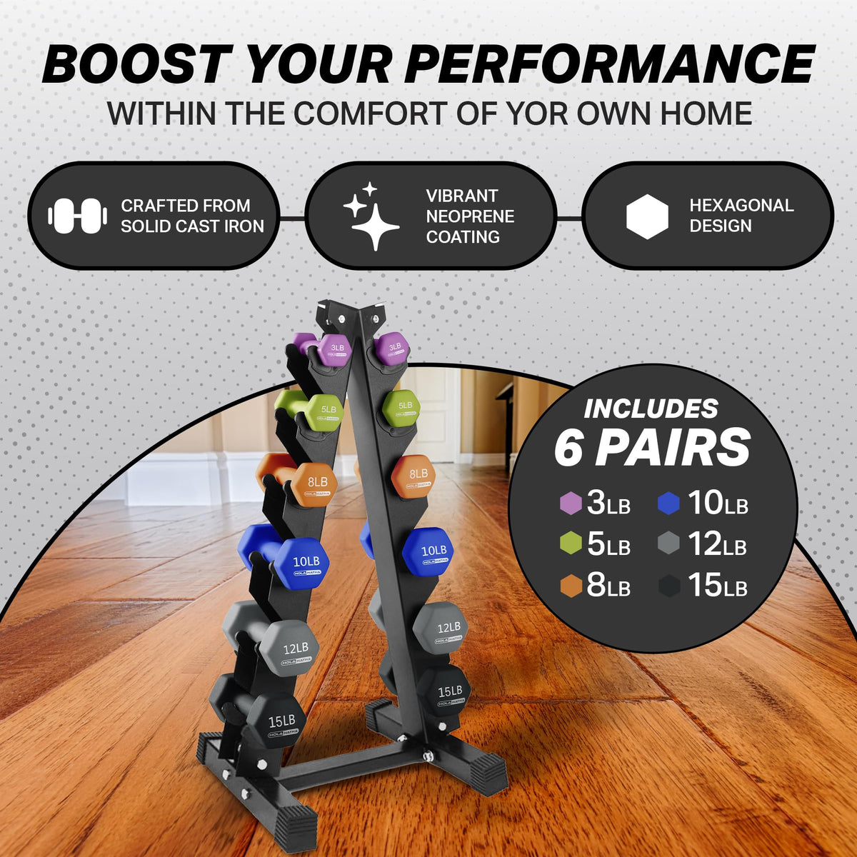 HolaHatha Neoprene Dumbbell Weights Set with Rack, Home Gym Equipment, 106 Lbs, Multicolor - Portable Weighted Exercise Dumbbells for Fitness, Training, and Lifting Workouts