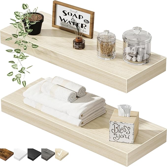 QEEIG Bathroom Floating Shelves for Wall - 15.7" Wall Mounted Shelf Over Toilet Farmhouse Home Decor Display Bookshelf Small 15.7 x 6.7 inch Set of 2, Natural (008-40N)