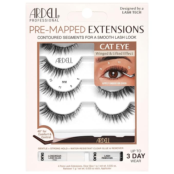 Ardell Pre-Mapped Eyelash Extensions Kit - False Lashes Cat Eye, Reusable Segmented Lash Strips, Long-Lasting with Lash Glue and Remover, 4-Pack