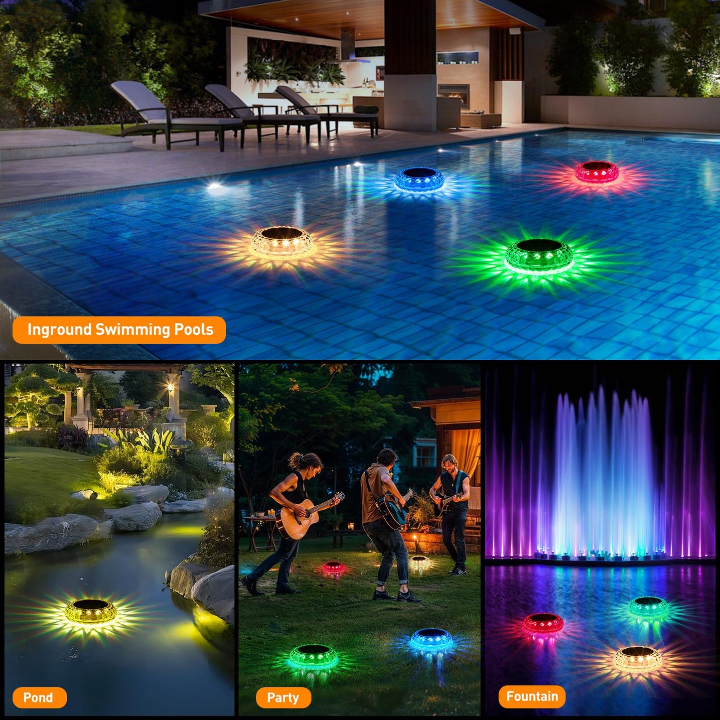 Floating Pool Lights for Party , Solar Powered Color Changing Lights with 2 Modes (Transition & Constant) , IP67 Waterproof Pool Accessories for Inground, Above Ground Pool, Pond, Bathtub (2 Pack)