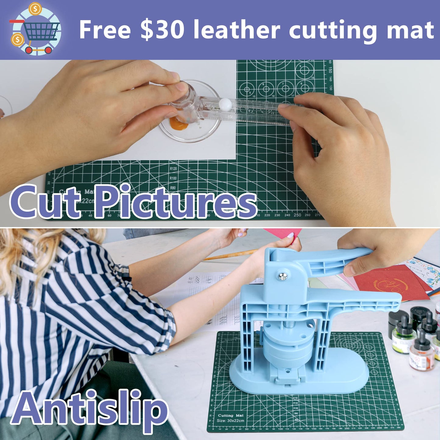 Happizza Button Maker Machine Multiple Sizes (4th Gen), Pin Maker 1+1.25+2.25 inch / 25+32+58mm, Badge Button Press Machine with Cutting Mat & 300 Sets Badge Making Supplies & Circle Cutter