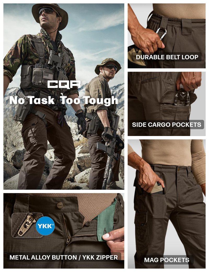 CQR Men's Tactical Pants, Water Resistant Ripstop Cargo Pants, Lightweight EDC Work Hiking Pants, Outdoor Apparel, Raider Dark Brown, 32W x 32L