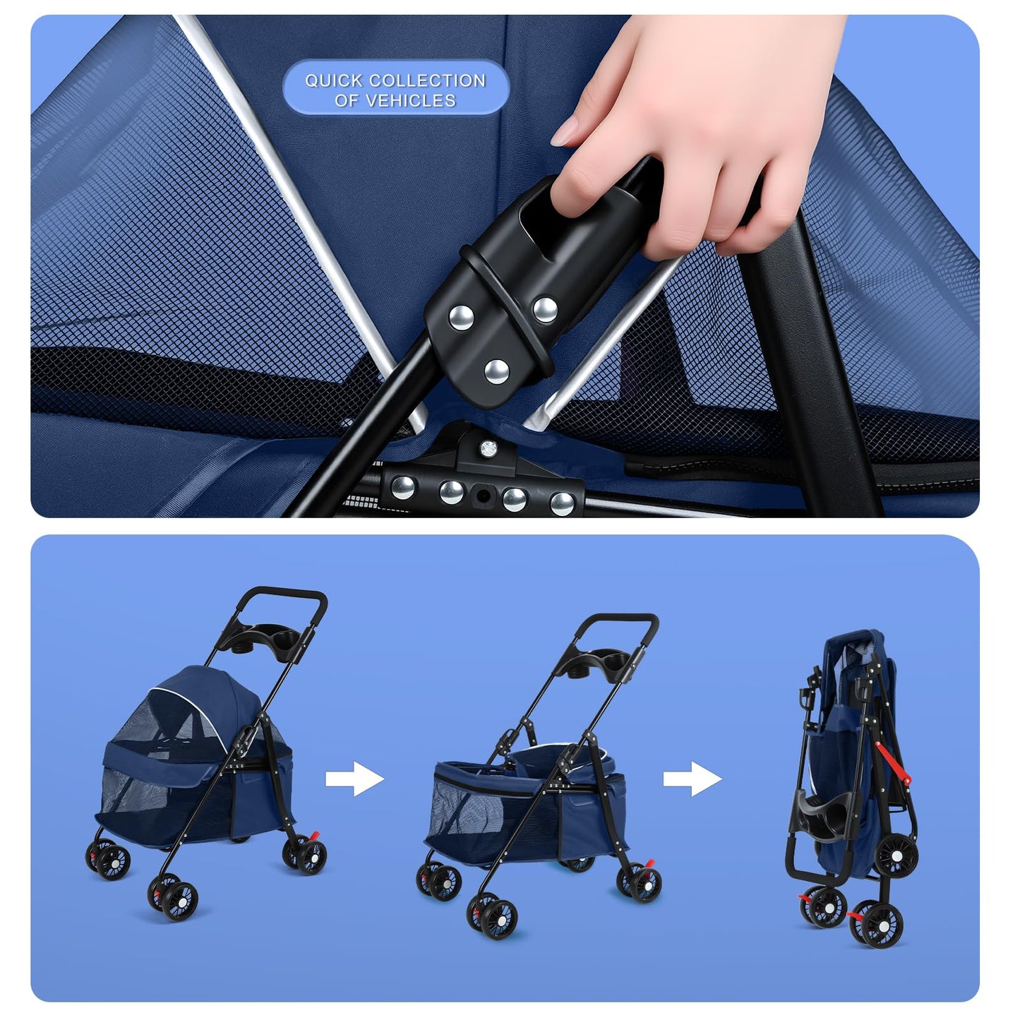 sxvbdway 4 Wheels Pet Stroller for Medium Small Dog up to 50lbs, Dog Cat Stroller, Outdoor Travel Pet Folding Strollers, Cat Cage Strollers with Cup Holder, Breathable and Visible Mesh (1 Set-Blue)