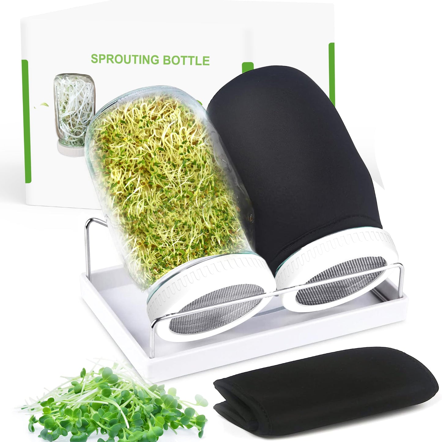 Organic Seed Sprouting Jar Kit â 2 Ã 32 oz Wide-Mouth Mason Jars with Stainless-Steel Sprouter Lids & Stand, Blackout Sleeves, Drain Tray â Grow Broccoli, Alfalfa & Bean Microgreens