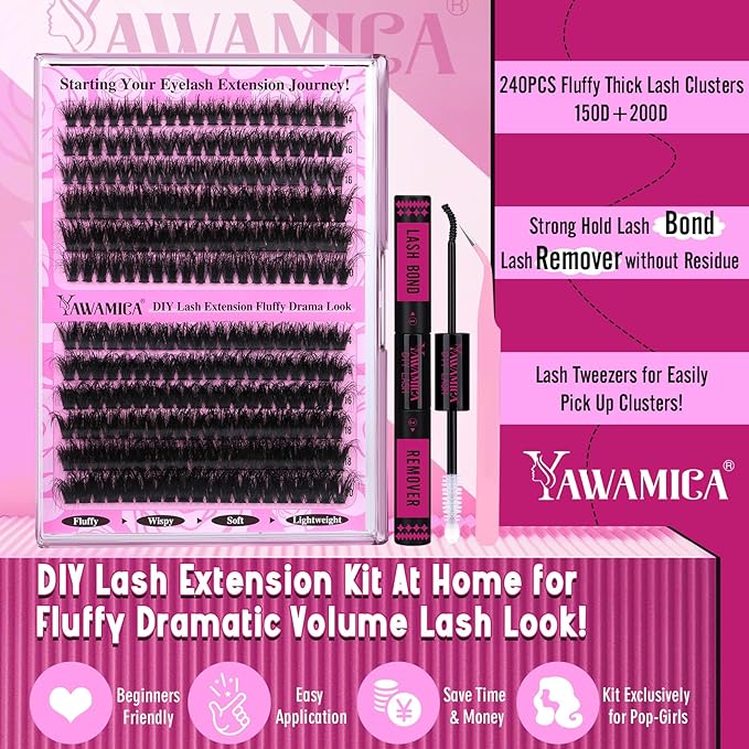 Yawamica Fluffier Lash Clusters Kit 150D+200D Thick Volume Lash Extension 14-20mm Wispy Eyelash Clusters Individual Lashes Kit with Bond, Remover, Applicator for DIY Lash Extension