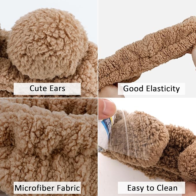 YISSION 2PCS Bear Ears Spa Headband No Slip Head Band for Face Wash Makeup Skincare Facial Headband Elastic Hair Band Carol Fleece Headbands for Women Girls (Brown Coffee)