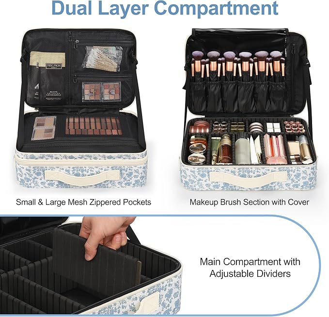 Relavel Large Makeup Bag, Floral Cosmetic Bag for Women, Professional Travel Train Case Portable Makeup Artist Bag Make Up Storage Organizer Box with Adjustable Dividers and Makeup Brush Compartment