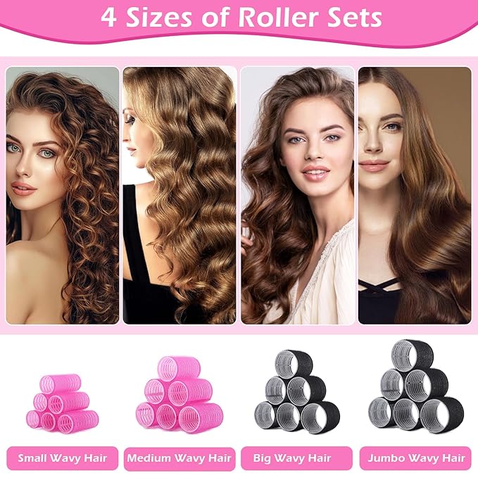 50Piece Hair Rollers Set, Self-Grip Rollers Hair Curlers for Long Medium Short Hair, 4 Sizes of Hair Rolls(6 Jumbo + 6 Large + 6 Medium + 6 Small + 1 Storage Bag), and 24Pcs Clips/1Pcs Comb