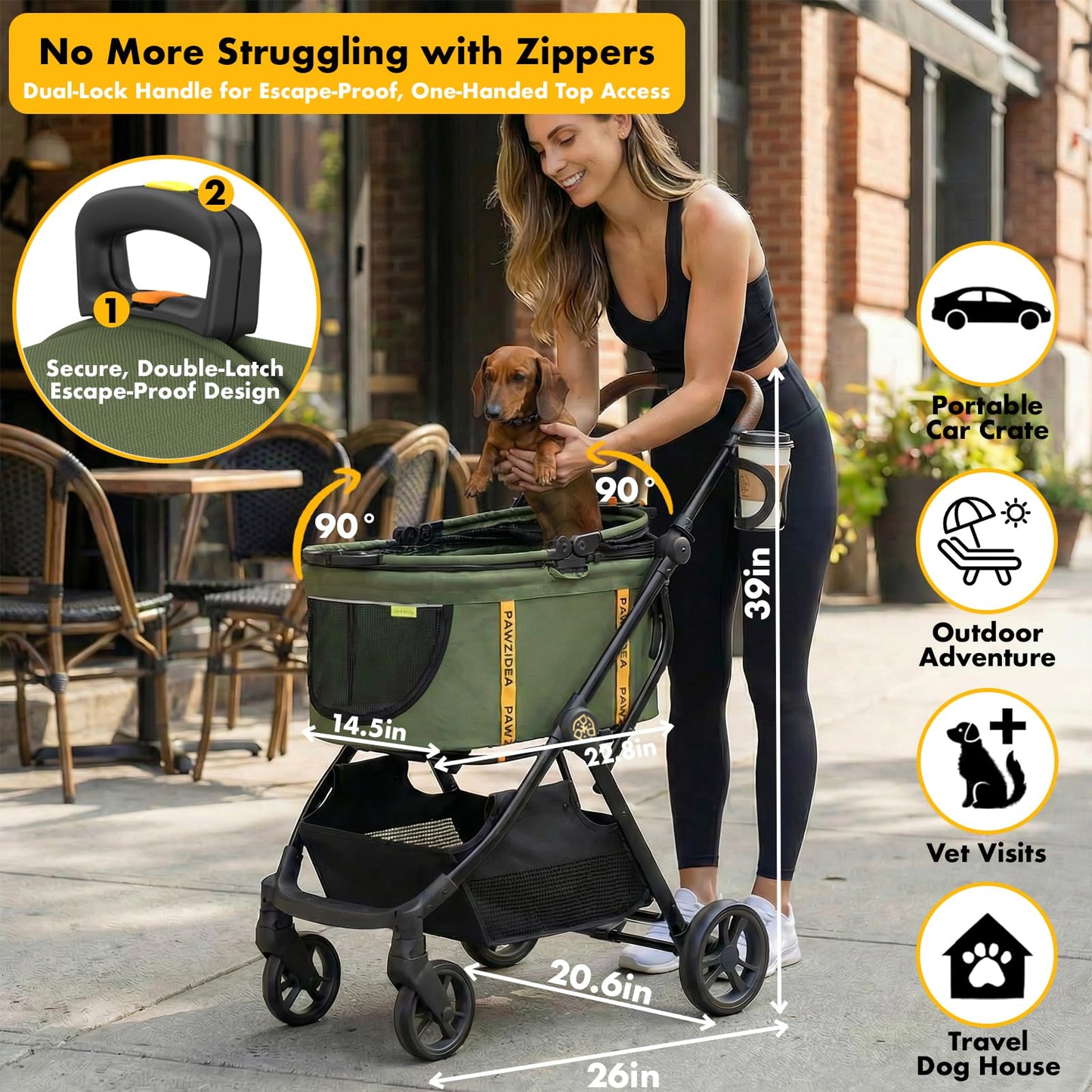 PAWZIDEA Pet Stroller 4 in 1, Foldable Cat Stroller with Detachable Carrier for Small Medium Dogs & Cats, Escape-Proof No-Zip Canopy, Lightweight Portable Travel Crate & Car Seat Combo, Storage Basket