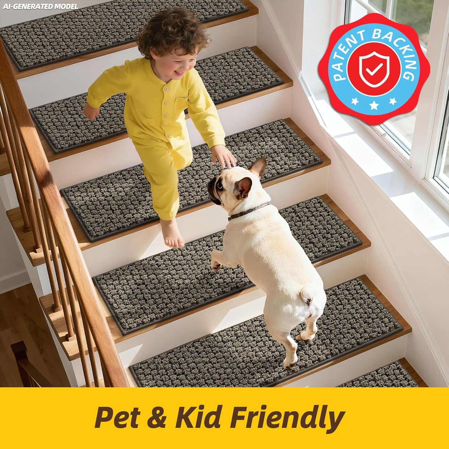 JSEI Stair Treads for Wooden Steps, 14 Pack 9" X 28" Non-Slip Machine Washable Carpet Stair Treads with TPE Backing, Soft Indoor Stair Rug Runner for Kids Elders & Pets, 100% Polyester, Greyish Brown