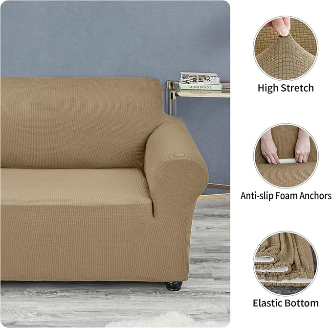 Joccun Stretch Chair Couch Cover,1-Piece Sofa Slipcover Spandex Jacquard Fabric Sofa Covers with Elastic Bottom,Washable Furniture Protector for Dogs,Cats,Kids(Armchair,Tan)