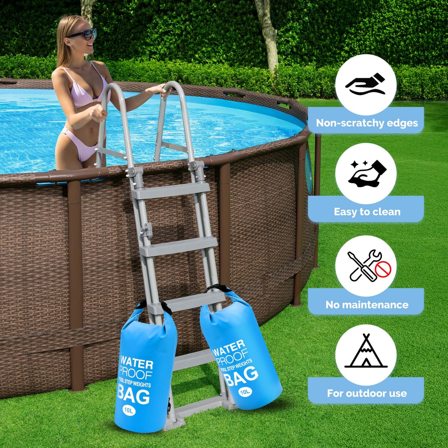 Goovilla Pool Ladder Weights Universal | 2 Pack 20L 500D PVC Waterproof Tear-Resistance Sand Bags for Above Ground Pools Steps | Easy to Fill and Seal with Strong Handle and 4 Straps (Sky Blue)
