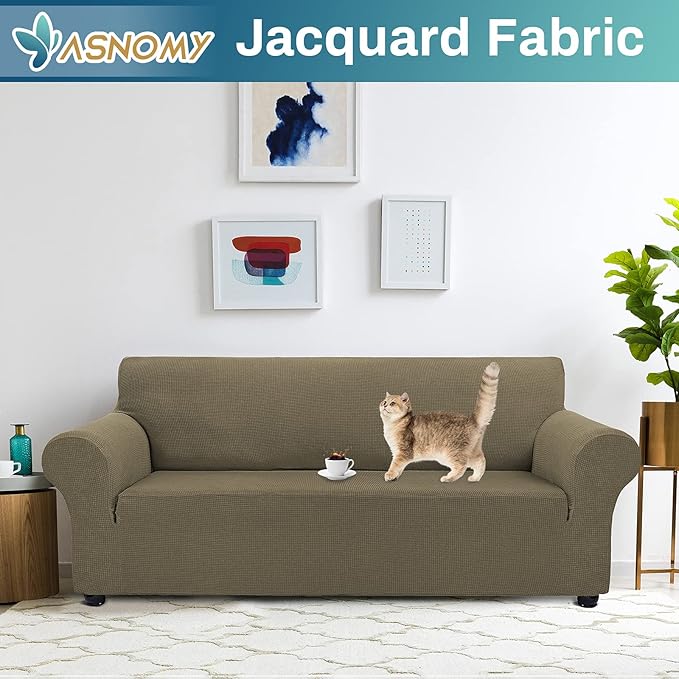 Asnomy Couch Covers for 3 Cushion Couch Stretch Sofa Covers Slipcovers, Pet Protector Furniture Covers for Dogs Cats Spandex Jacquard Fabric Small Checks（X-Large，Khaki）