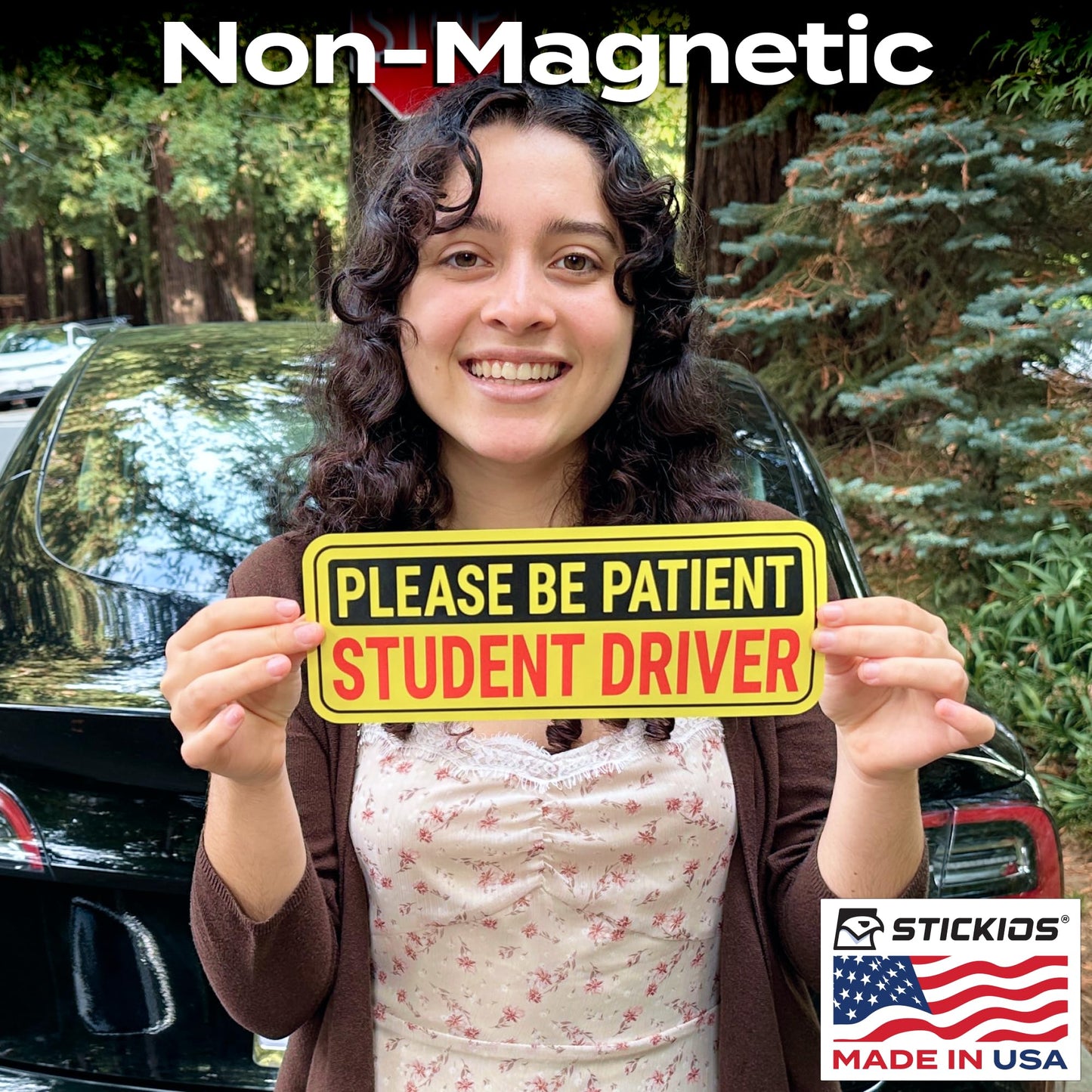 Stickios Student Driver Stickers (Non-Magnetic) for Cars & Windows - Reusable, Removable, Paint-Safe Vinyl Decals - Made in USA (10.5x4 inches, 8-Pack)