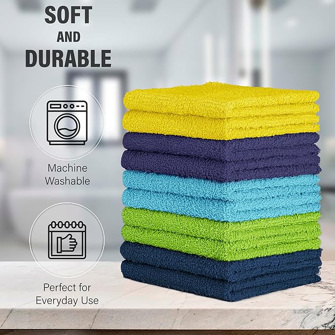 DecorRack 10 Pack 100% Cotton Wash Cloth, Luxurious Soft, 12 x 12 inch Ultra Absorbent, Machine Washable Washcloths, Assorted Set 3 (10 Pack)