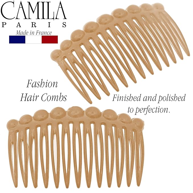 Camila Paris CP2892/2 French Hair Side Comb Small Rounded, Beige French Twist Hair Combs Decorative, Strong Hold Hair Clips for Women Bun Chignon Up-Do Styling Girls Hair Accessories, Made in France