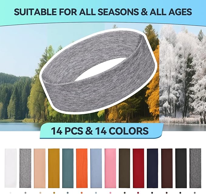 14 PCS Headbands for Women, Soft Elastic Hairbands, Fashion Non-Slip Cotton Sweat-Absorbent Sports Head Bands for Daily Workout, Running, Yoga, Makeup
