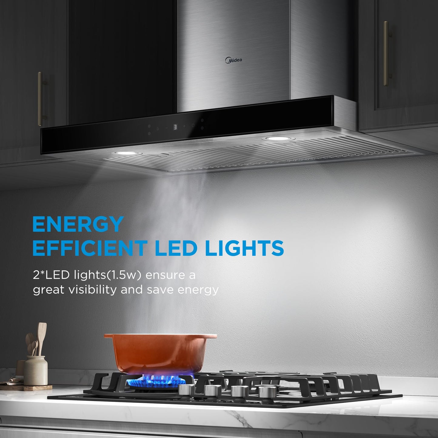 Midea MVT30W9AST Range 30 Inch 450CFM Vent T Shape Stove Hood with 5-Layer Aluminum Permanent Filters Kitchen Exhaust Fan, Ductless Convertible, 3 Speed, Stainless Steel