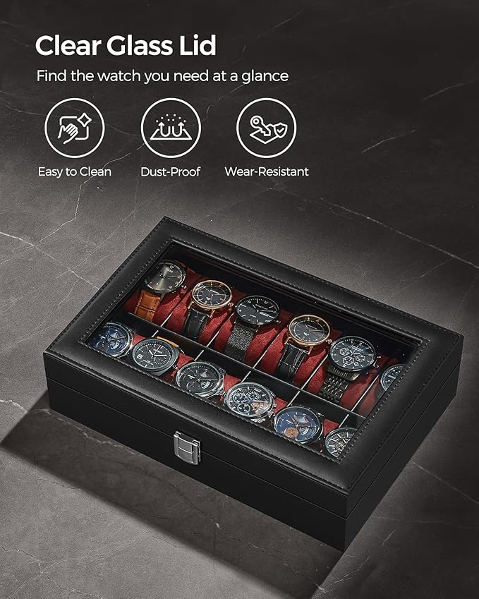 SONGMICS Watch Box, 12-Slot Watch Case Organizer with Large Glass Lid, Removable Pillows, Gift for Loved Ones, Black Synthetic Leather, Wine Red Lining UJWB120R01