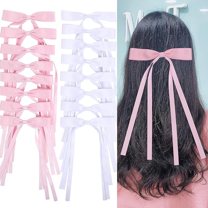 Hair Bows Clips Coquette Ribbon Bowknot with Long Tail Princess Hair Bows French Barrettes Hair Accessories for Women Girls 16PCS (Pink, White)
