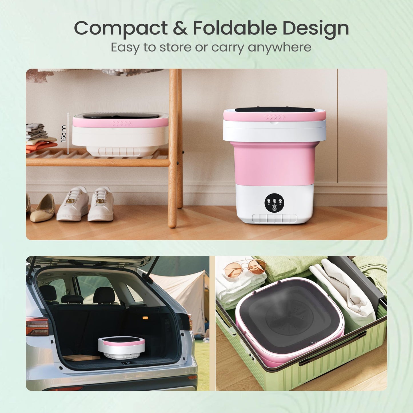 Portable Washing Machine - 16L Mini Foldable Washer with Spin Basket, 3 Cleaning Modes & Deep Cleaning for Small Clothes, Collapsible Laundry for Apartment, Home, Hotel and Travel (Pink)
