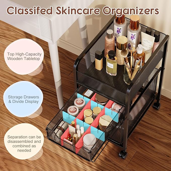 Hongtamoya Rolling Makeup Cart Organizer with 2 Drawers, Narrow Floor Skincare Organizers, Vanity Organizer Cosmetics Display Cases Holder for Skin Care Nail Polish Perfume Makeup Brush, Black