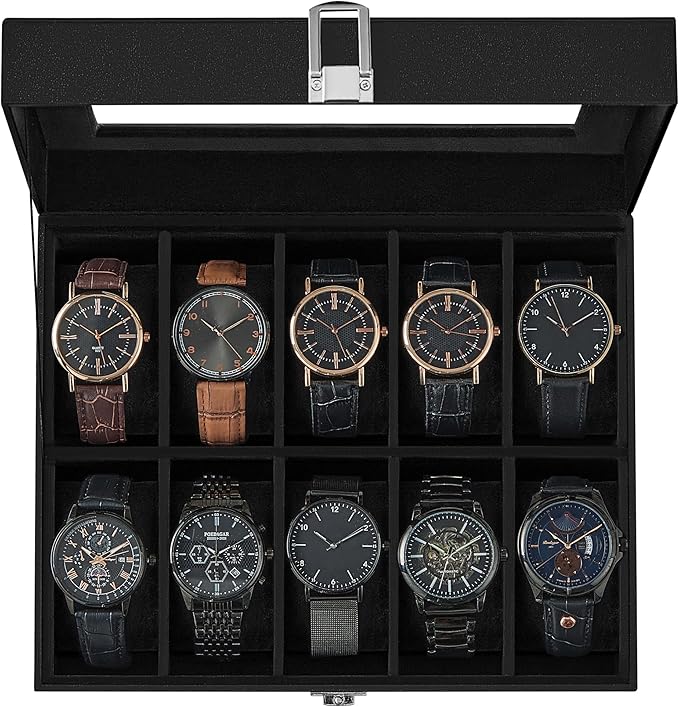 SONGMICS Watch Box, 10-Slot Watch Case Organizer with Large Glass Lid, Removable Pillows, Gift for Loved Ones, Black Synthetic Leather, Black Lining UJWB010B02