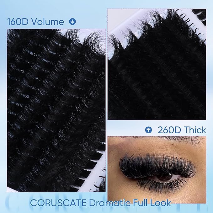 CORUSCATE Lash Clusters 160D+260D Eyelash Clusters 12-24mm Long Lash Extension Thick Cluster Eyelash Extensions Volume Strip Mink Lashes Cluster Dramatic Full Salon Look Mega Eyelashes