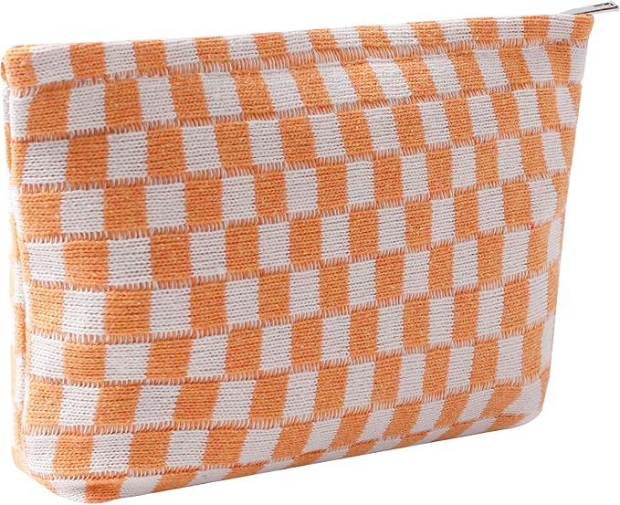 Cosmetic Bags for Women - Corduroy Cosmetic Bag Aesthetic Women Handbags Purses Smile Dots Makeup Organizer Storage Makeup Bag Girls Case Bags (Q-Checkered orange)