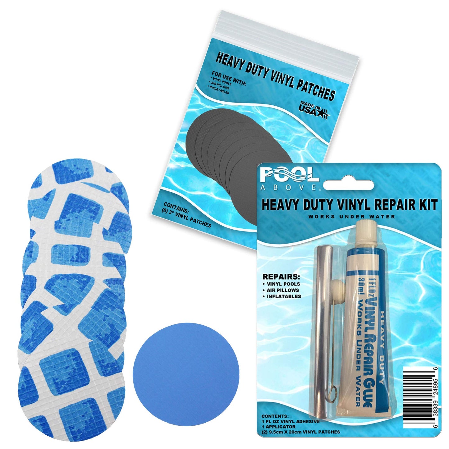 All-in-One Repair Kit for Above-Ground Pools | Fast, Underwater-Capable Peel-and-Stick OR Adhesive Glue-Down Vinyl Patches & for Easy Set and Frame Pools Blue Glue On
