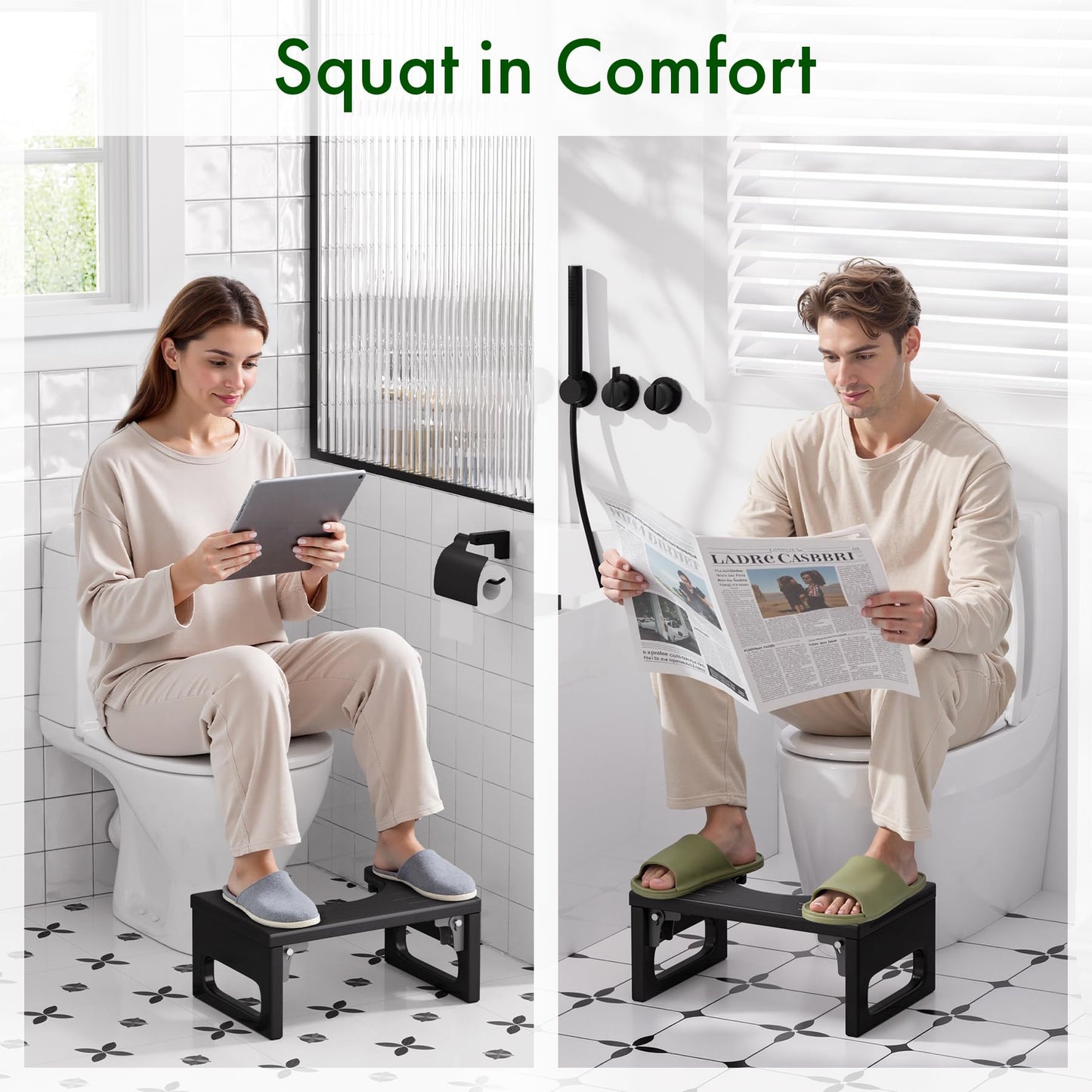 Bathway Squatting Potty Stool, Foldable Toilet Stool Squat for Adult, Bamboo Poop Stool, Foot Step Stools, Anti-Slip Pooping Stools for Bathroom, Black, 7''