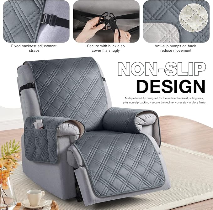 TAOCOCO 100% Waterproof Recliner Chair Cover, Recliner Covers for Recliner Chair with Pocket, Non Slip Reclining Chair Cover Furniture Protector for Kids, Pets(23.6'', Dark Grey-Velvet)