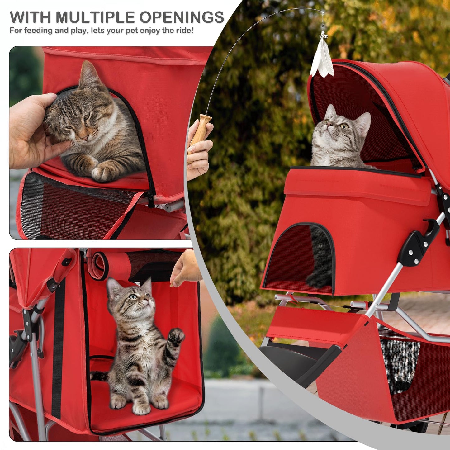 MoNiBloom 3 Wheels Pet Stroller, Foldable Puppy Cage Jogger Stroller with Weather Cover for All-Season, Storage Basket and Cup Holder, Breathable and Visible Mesh for Small/Medium Pets, Red