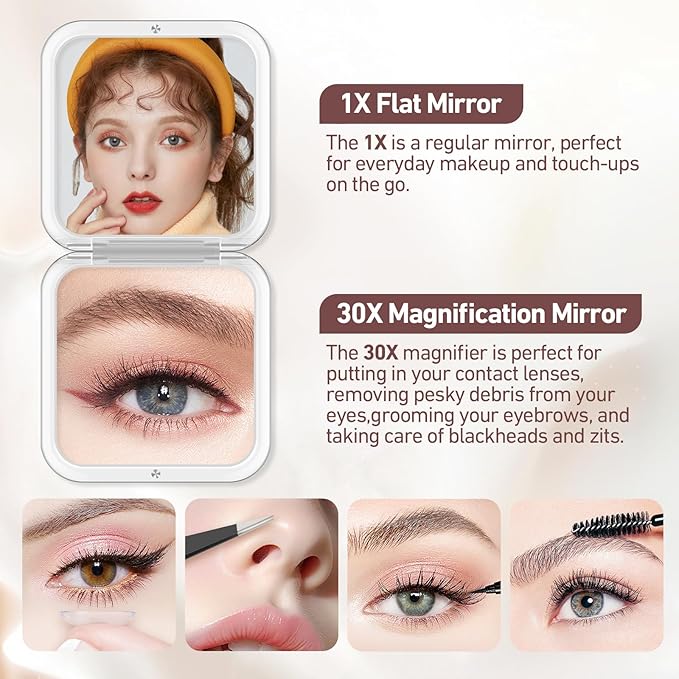 30X Magnifying Mirror, Compact Travel Mirror for Purse & Pocket, Double-Sided 1X/30X HD Makeup Mirror with Tweezers - Portable Mirror for Eyebrow Plucking, Daily Beauty & Travel Essentials, Rose