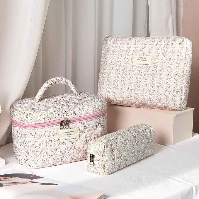 Makeup Bag Set, Portable Travel Make up Bag, Large Capacity Quilted Cosmetic Organizer Bag, Cute Floral Toiletry Bag for Women Girls (Pink Flower)