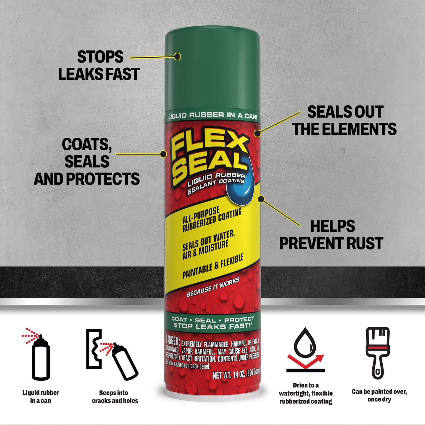 Flex Seal, 14 oz, Green, Stop Leaks Instantly, Waterproof Rubber Spray On Sealant Coating, Perfect for Gutters, Wood, RV, Campers, Roof Repair, Skylights, Windows, and More