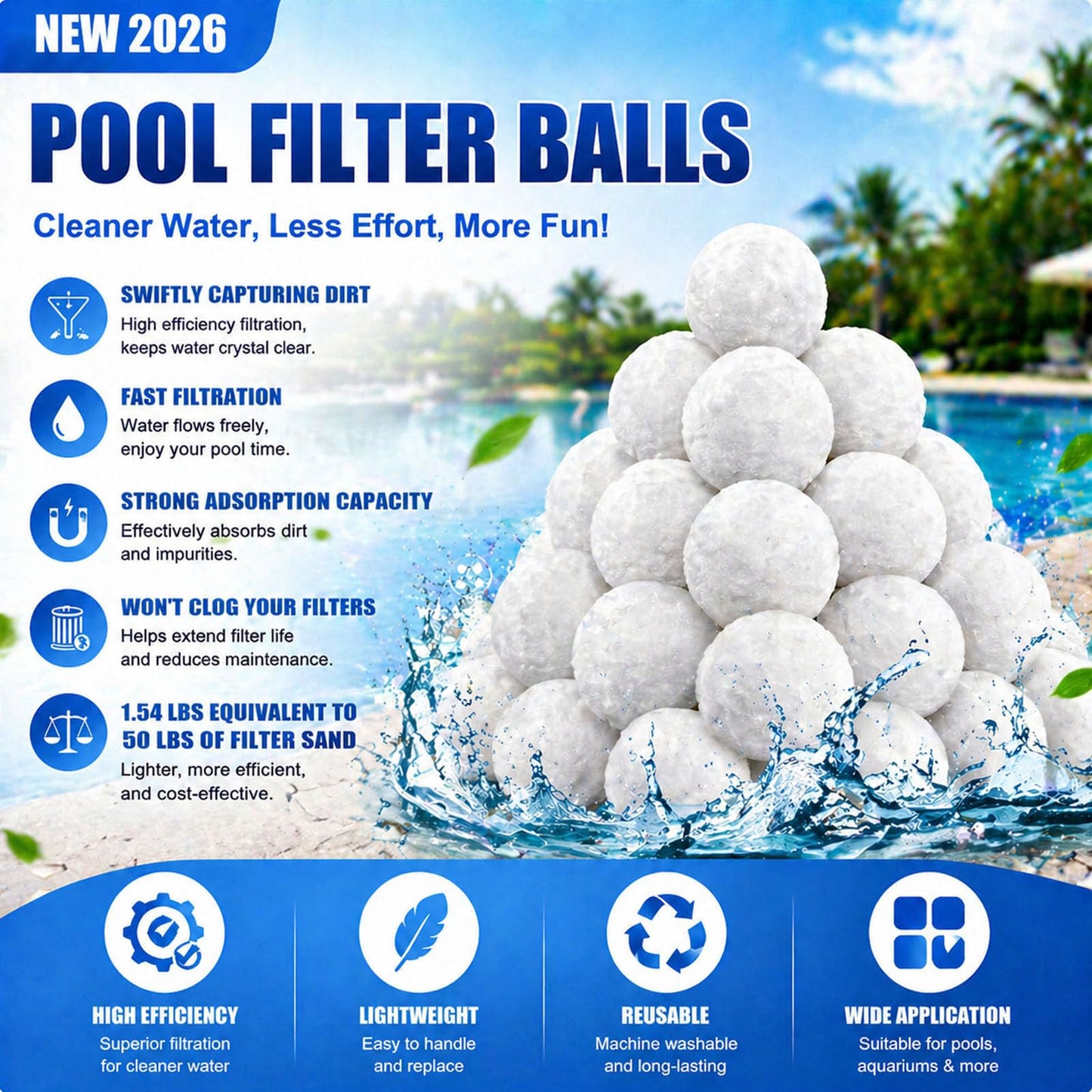 1.54 Lbs Pool Filter Balls, Eco-Friendly Filter Balls for Swimming Pool Sand Filters, Lightweight and Reusable Fiber Ball, Replace 50 lbs Pool Filter Sand (1.54, Pounds)