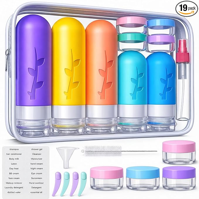 Aeomni 19pack Travel Bottles for Toiletries, TSA Approved Silicone Size Containers for toiletries, Refillable & Leakproof Travel shampoo and conditioner bottles