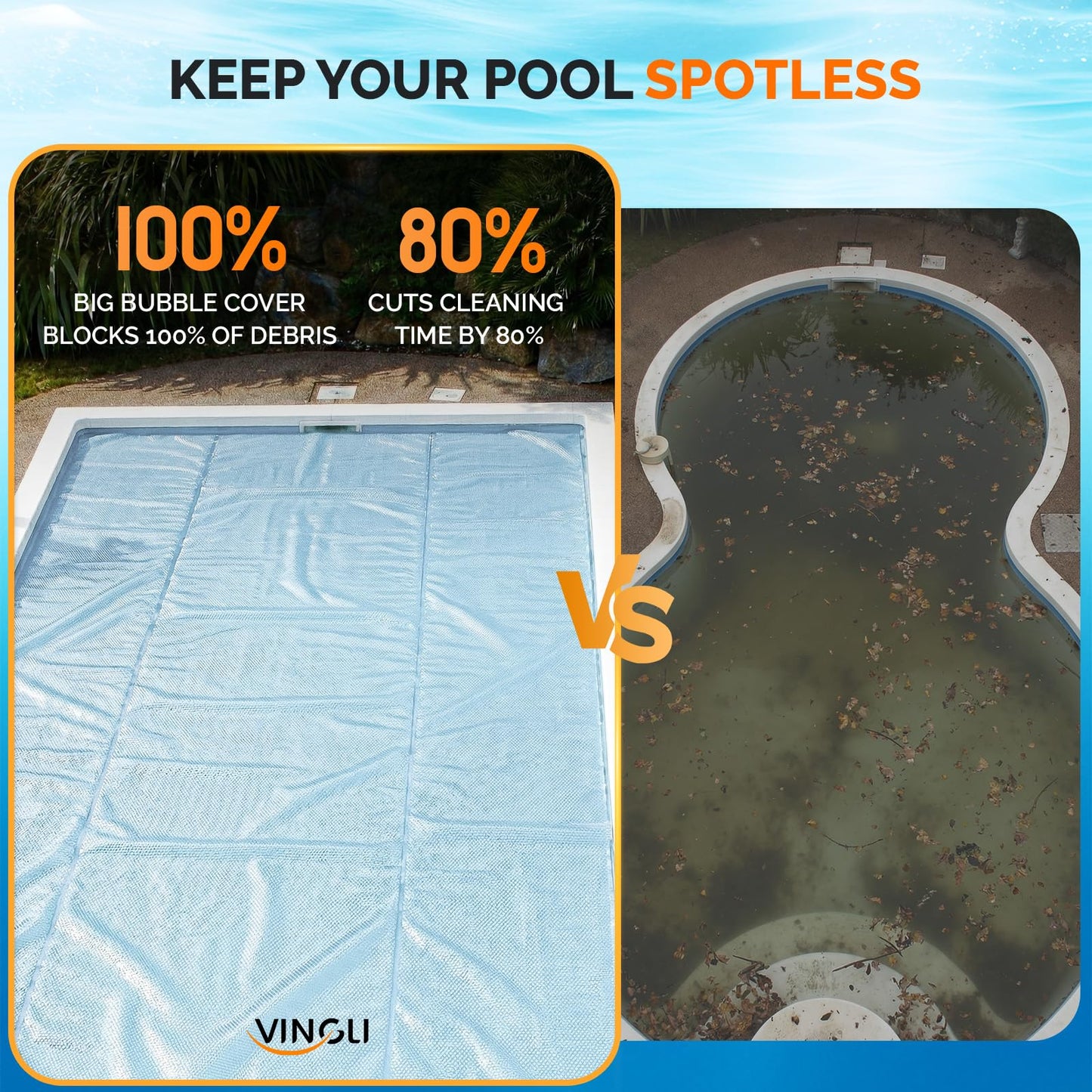 VINGLI 12Mil Solar Pool Cover, Rectangle Solar Blanket-Heavy Duty Solar Pool Cover for Above Ground Pool-Pool Solar Cover for Inground Pool (Clear, 12'x24' Rectangular)