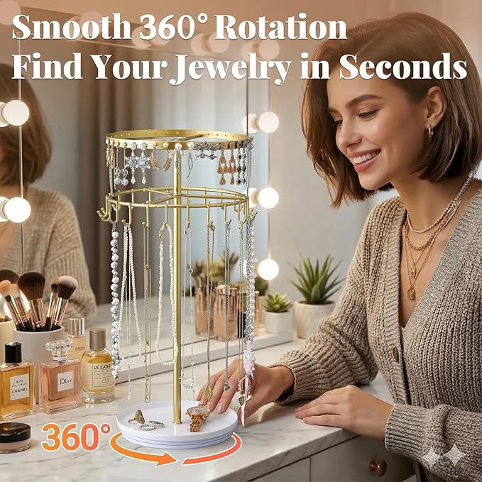 LANDNEOO Necklace Holder Jewelry Organizer, 360ÃÂ° Rotating 3-Tier Jewelry Stand Display, 14.3" Holds 80 Pcs, Earring Holder, Bracelet Ring Holder, Jewelry Organizer and Storage For Women Vanity Dresser