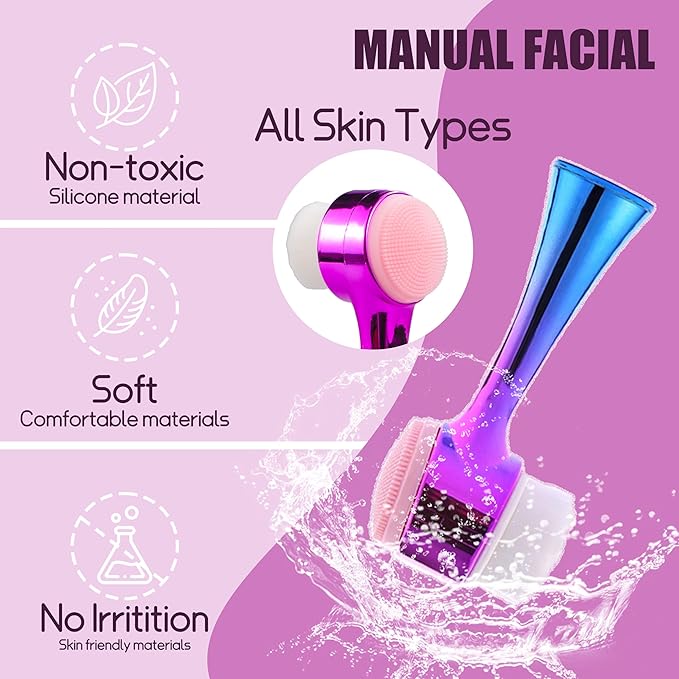 Facial Cleansing Brush 2 in 1Double-Sided Facial Cleaning Brush with Soft Bristles for Deep Pore Exfoliation, Wash Makeup, Massaging (Blue&Purple5PCS)